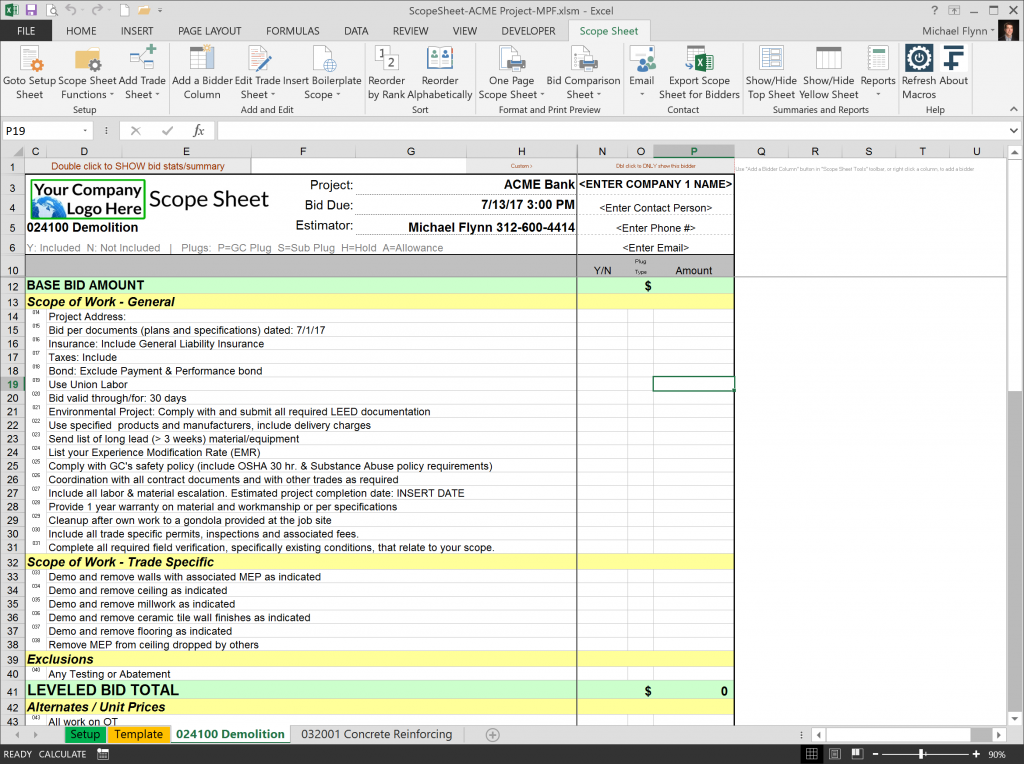 Excel Scope Sheet - 14Fathoms, LLC - Level Bids & Create Project Summary