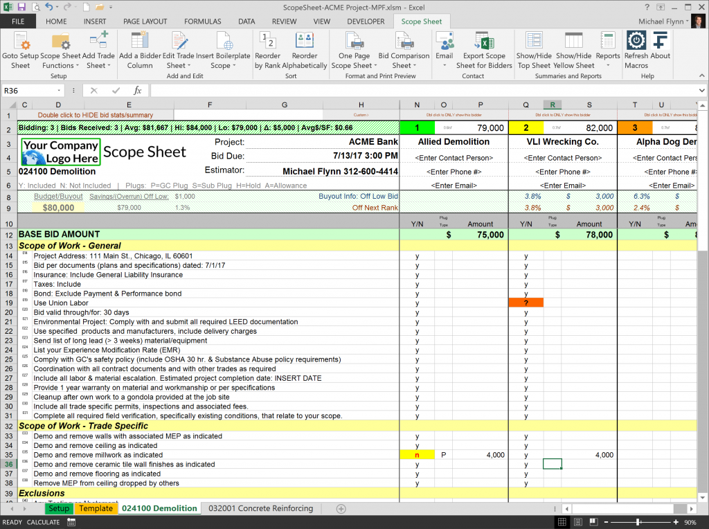 Excel Scope Sheet - 14Fathoms, LLC - Level Bids & Create Project Summary