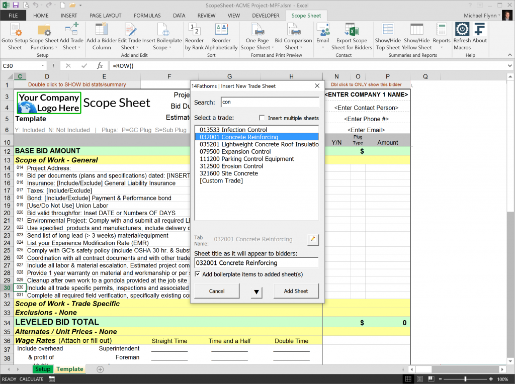 Excel Scope Sheet - 14Fathoms, LLC - Level Bids & Create Project Summary